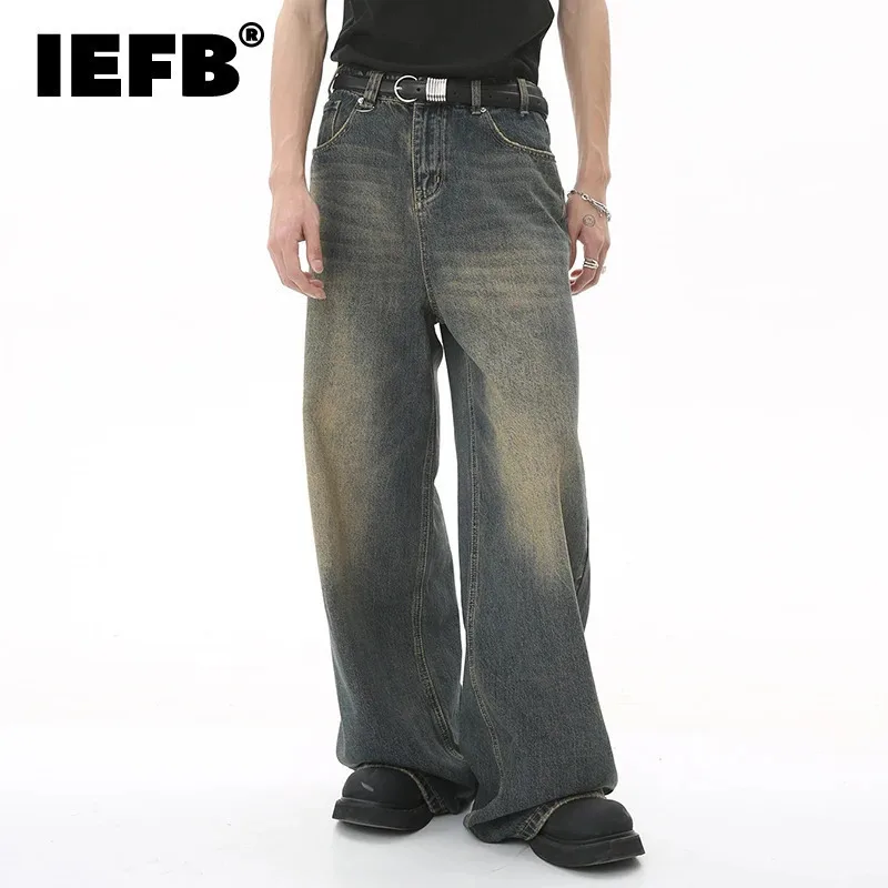 IEFB-Pantalon en Denim Délavé Bleu Vieil pour Homme, Jean Droit, Décontracté, Jambes Larges, Nouvelle Mode, Été, FJ354, 2024