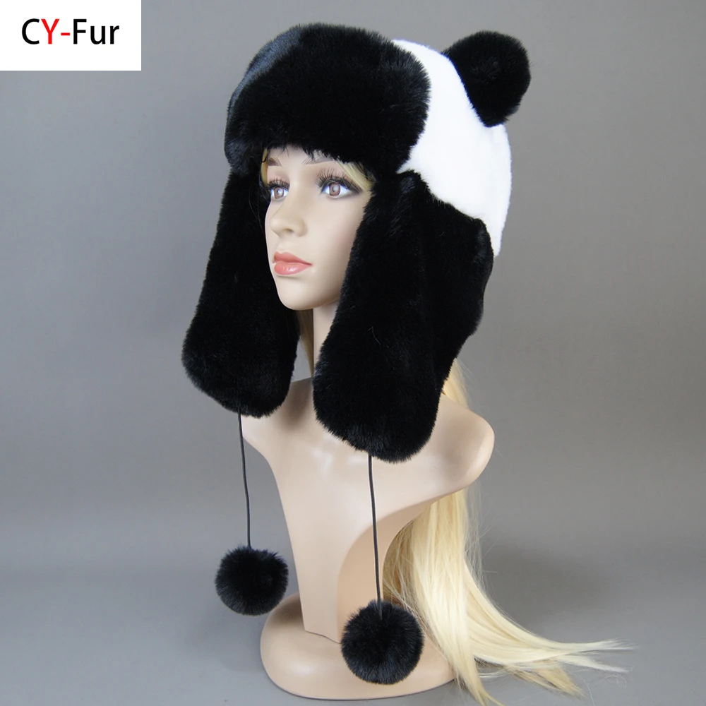 Hot Sale New Women False Rex  Rabbit False Fur Hat Winter Warm Fur Hat Black and White Panda Cute Color Artificial Hat