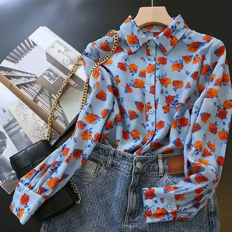 

Casual Retro Stylish Rose Printed Long Sleeved Shirt for Women's Spring Autumn New Loose Temperament Versatile Mid Length Shirt