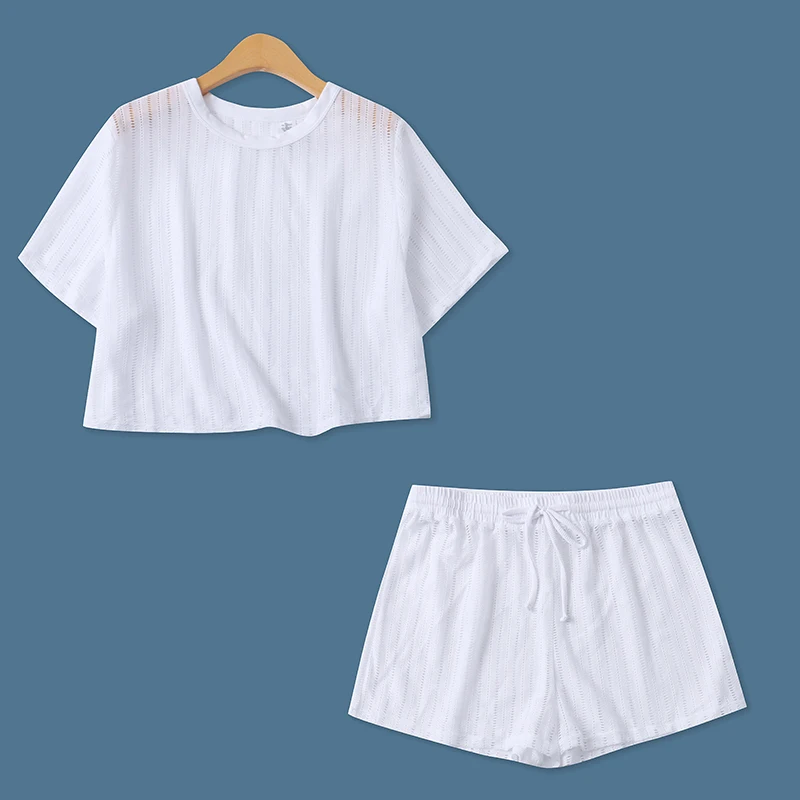 Conjunto de rayas de colores, novedad de verano, cseta hoada de manga corta para mujer, plones cortos elásticos, ven...