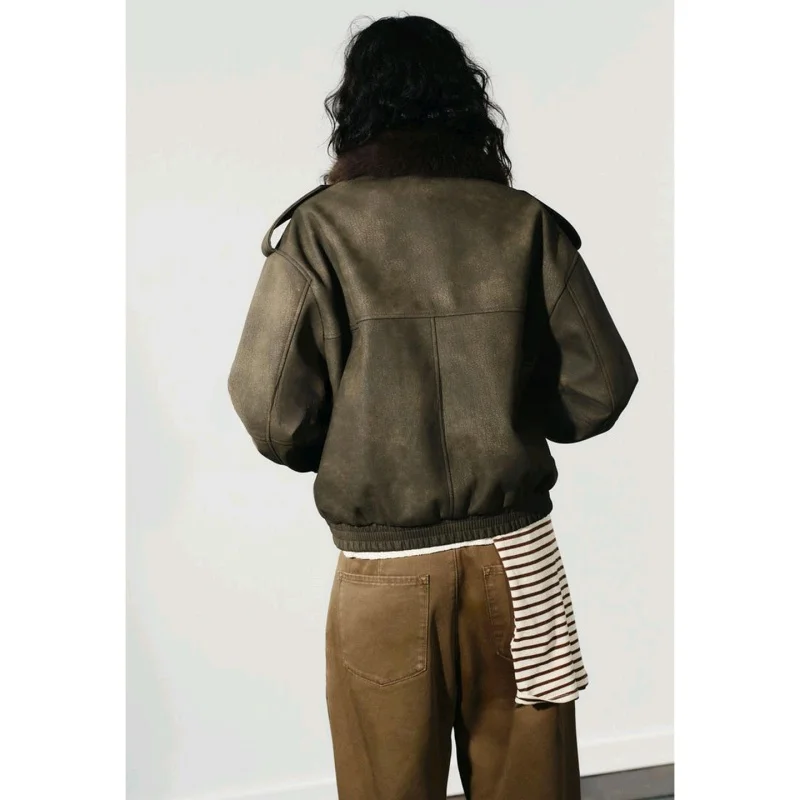 Autumn New Women's Jaet Coat Long Sve Faux Suede Effect Detachable Collar ort Casual Loose Polyester Fiber Zipper