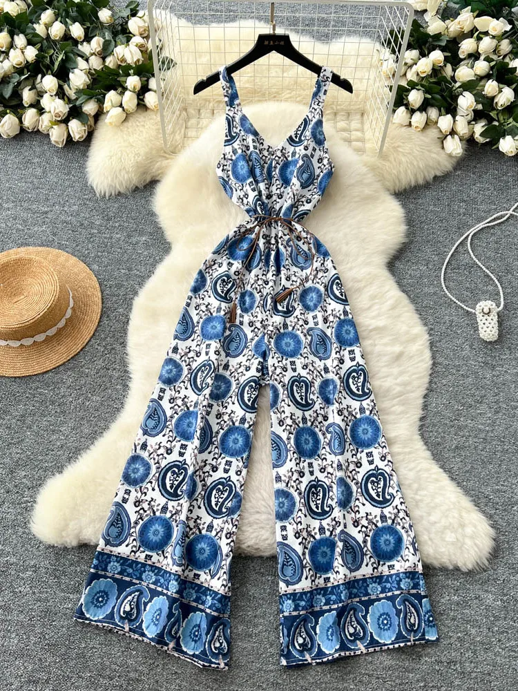 

Retro Sle Women's Jumpsuit Summer High Waist Wide Leg Dra Print ter Ne-Piece Suiting Pants Ele Lady Pants