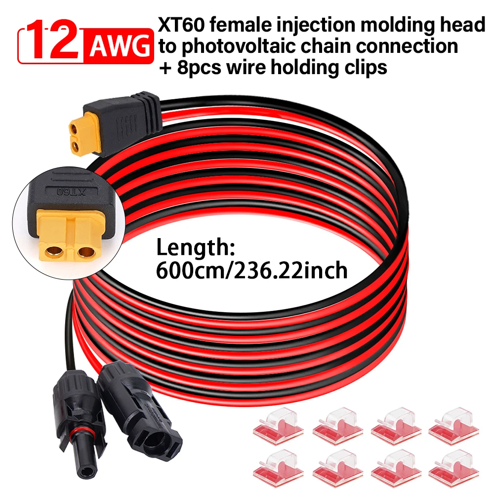

12AWG 6M XT60 Female Extension Cable Quick Connector+8PCS Cable Clips for Auto RV Motorcycle Solar Panel Battery Charging Cable