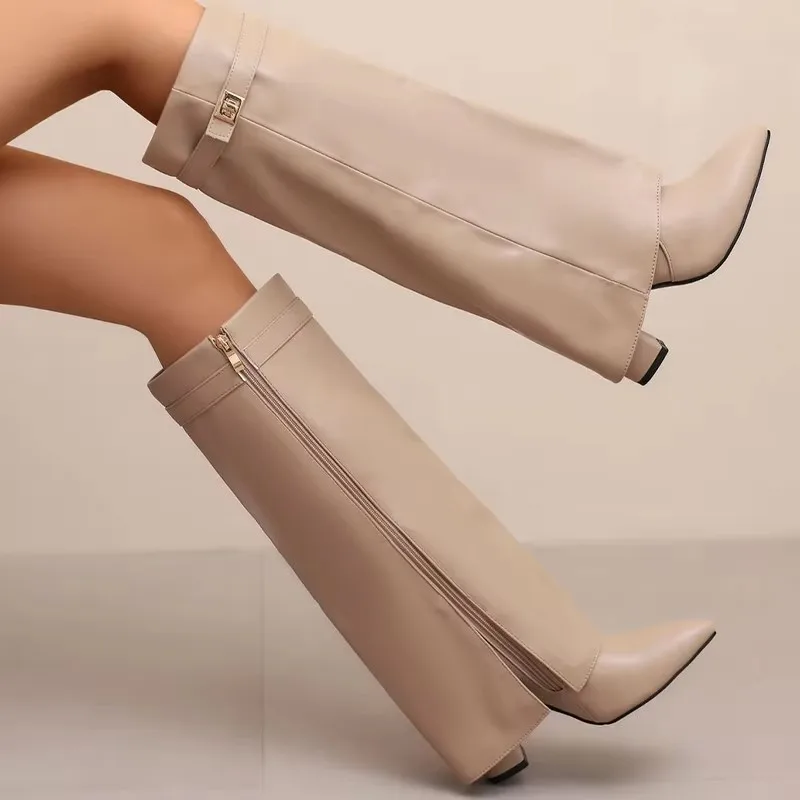 2025 rétro blanc cassé femmes bottes hautes tête pointue bouton en métal semelle épaisse talons hauts 9 cm bottes fermeture éclair latérale grande taille 43