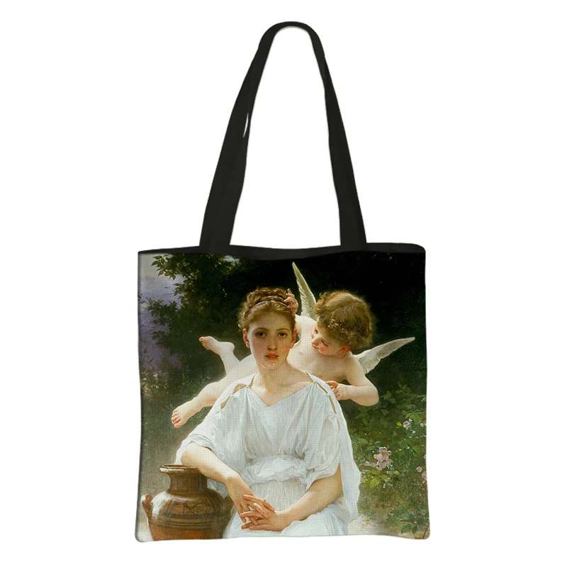 Famous Oil Painting William-Adolphe Bouguereau Handbag Canvas Tote Bags Shopping Bag Women Portable Large Capacity Shoulder Bags