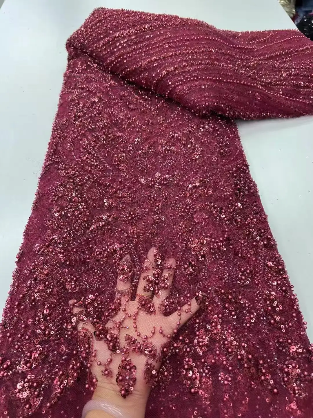 

Nigerian Wine Luxury Sequins Net Lace Fabric High Quality African Tulle Lace Fabric French For Women Wedding Party Dress