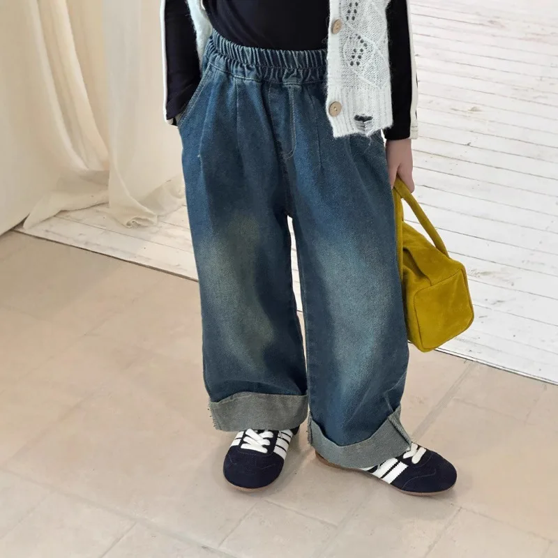 

New Korean Style Loose Jeans for Girls in Spring and Autumn, Children's Retro Distressed Flared Wide Leg Pants