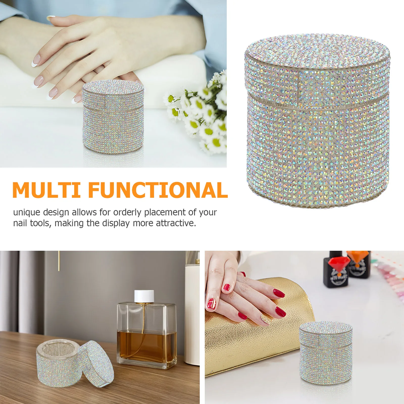 Tapa de taza para decoración de uñas de cristal con diamantes de imitación, accesorios para polvo de líquidos acrílicos, soporte de herramientas de manicura multifuncional decorativo de almacenamiento