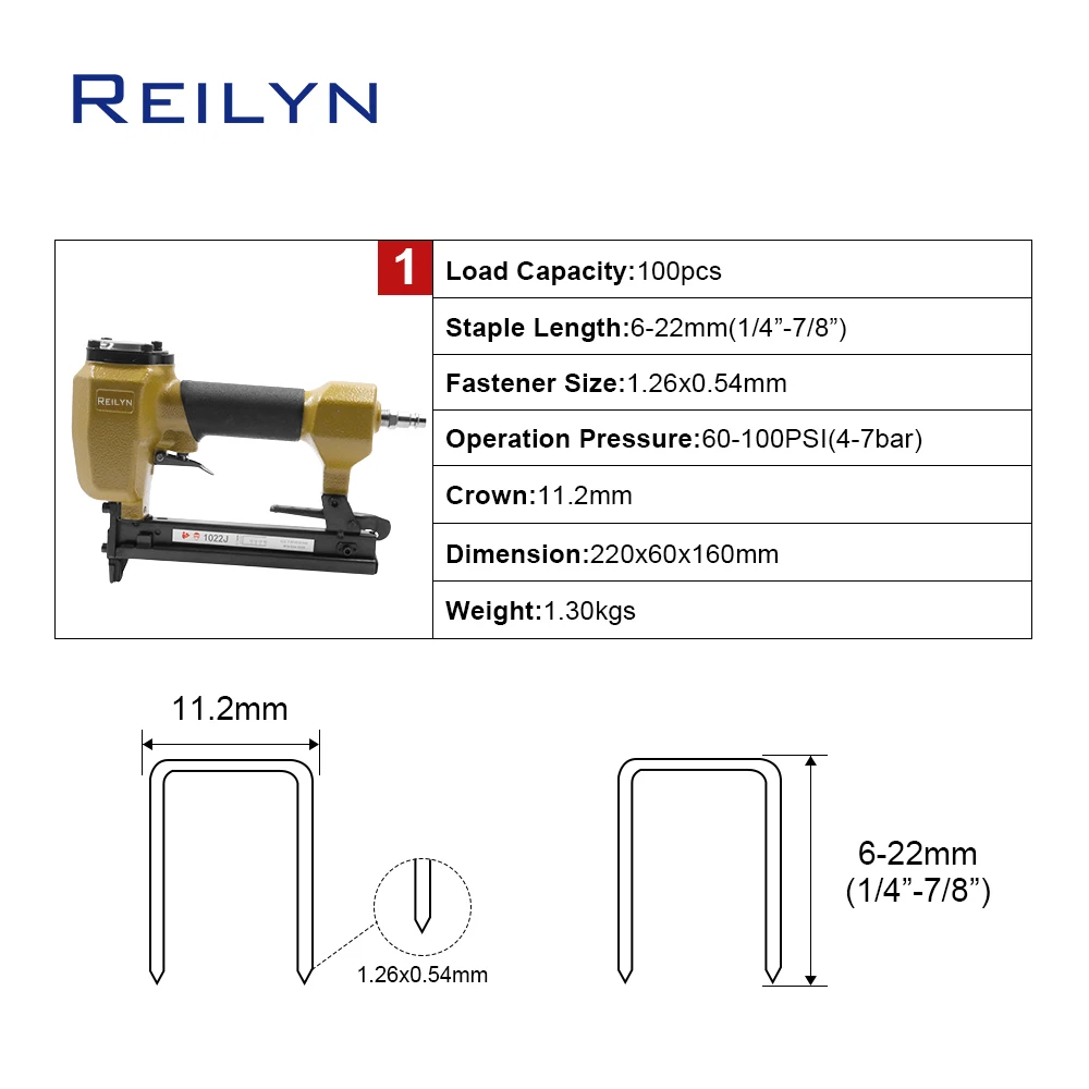 Reilyn Pneumatic Upholstery Stapler 20Ga 1022J Air Nailer 10-22mm Staples Crown 11.2mm Floor Roofing Framing Nail Gun