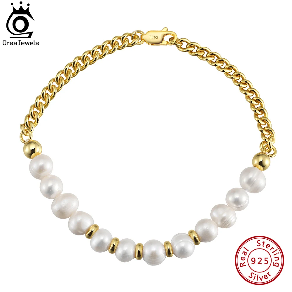 

ORSA JEWELS Exquisite Cuban Link Chain Bracelet for Men Women 925 Silver Cultured Freashwater Pearl Bracelet Party Jewelry NMB07