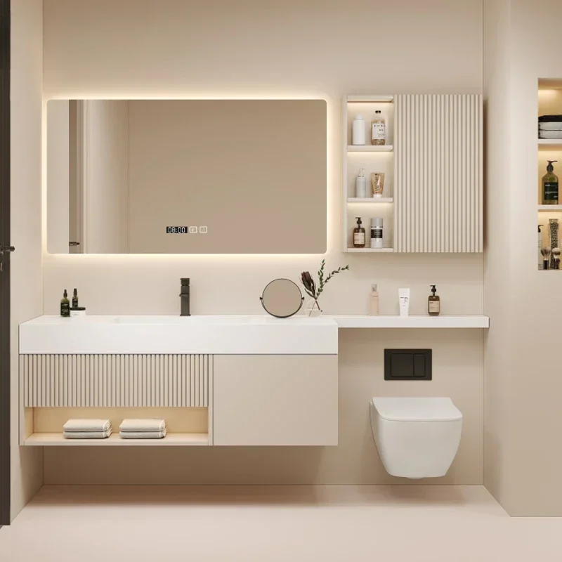 solid wood bathroom cabinet combination rock plate ceramic integrated basin toilet extension washbasin