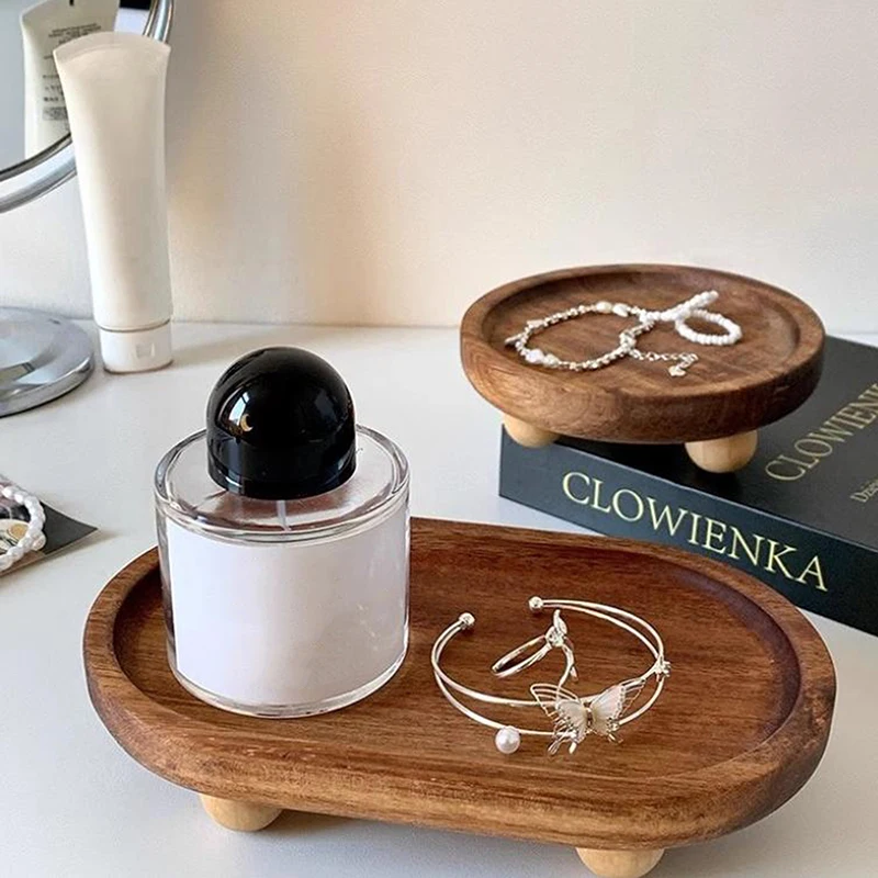 Decorative Wooden Tray Wooden Riser Tray Multi-functional Round Oval Decorative Tray Pedestal Stand Bathroom Jewelry Counter