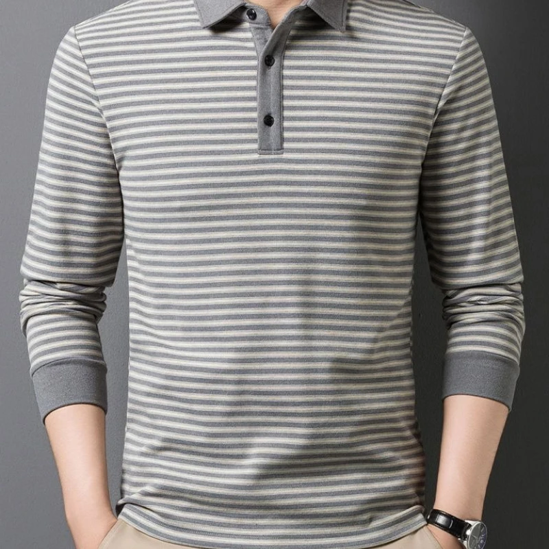 Mens Merino Wool Long Sleeve Polo Shirt Autumn Winter Striped Turn Down Collar Warm Thermal Base Layer Top