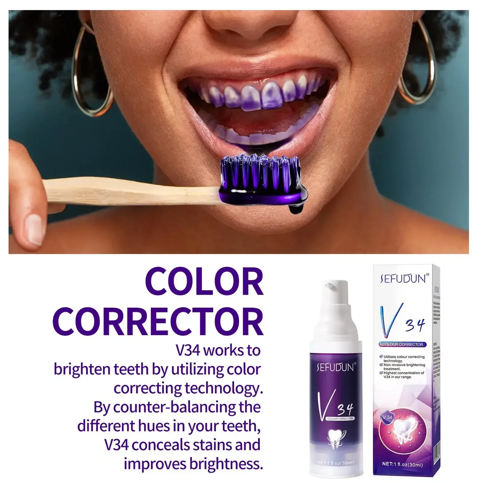 V34 smileEASE dentifricio sbiancante viola rimuovi macchie riduce l'ingiallimento cura per i denti gengive alito fresco denti schiarenti 30ml