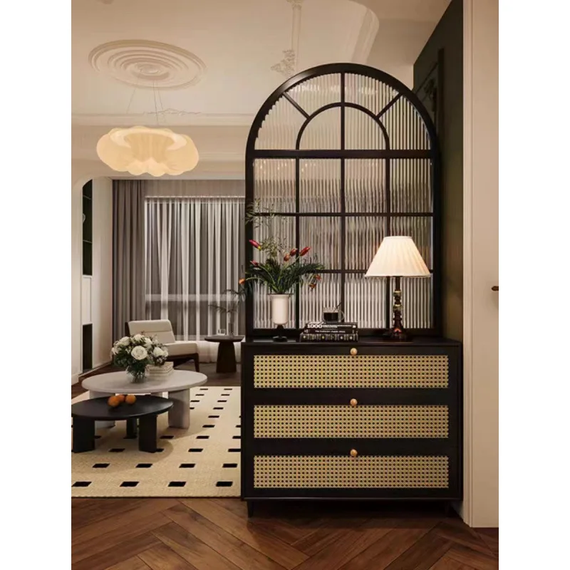 French retro Changhong glass solid wood screen entry door shoe cabinet partition living room bathroom bedroom shelter integrated