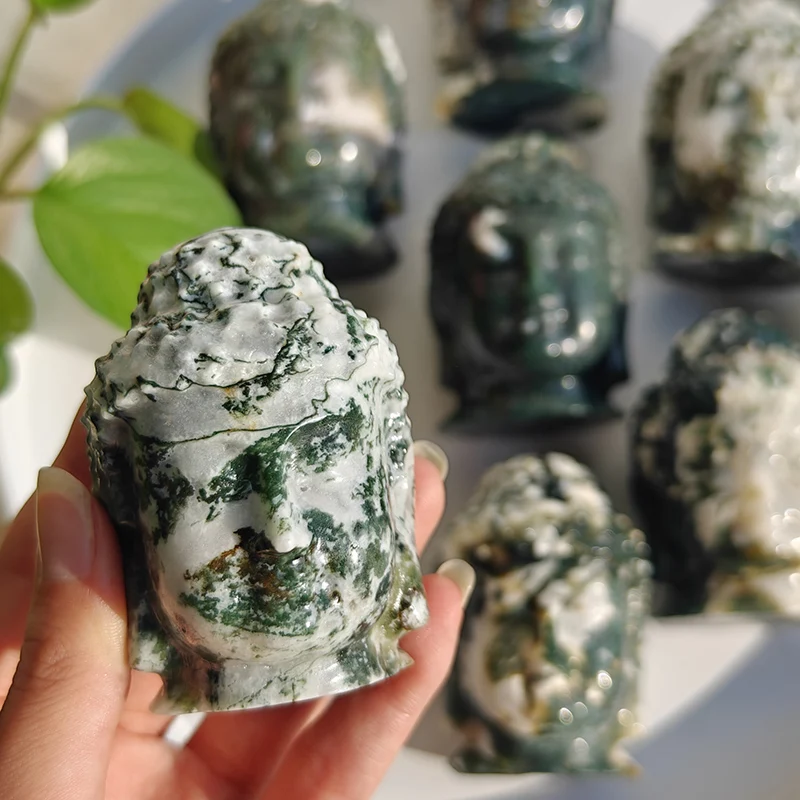 Natural Moss Agate Buddha Head Crystal, Healing Carving Figurine, Polished, Fengshui Green Gemstones Sculpture Crafts Home Decor