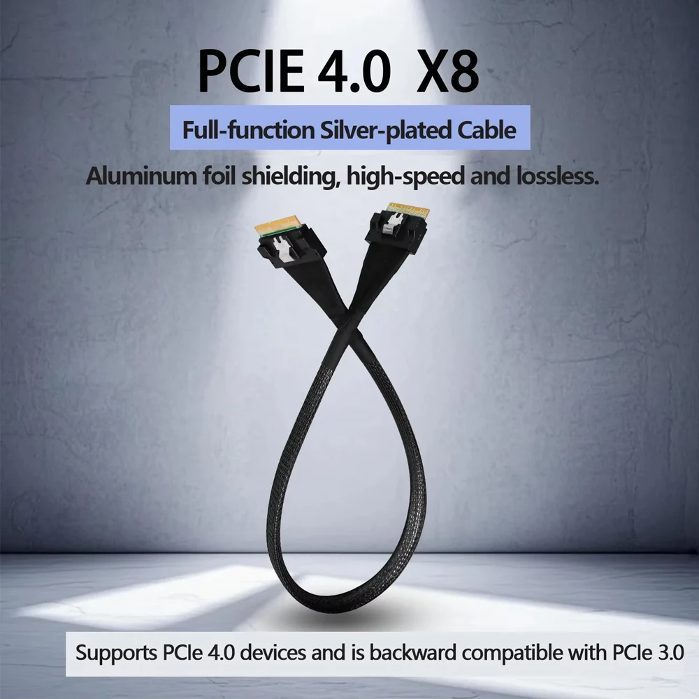 SFF‑8654 8i SlimSAS 8X PCIe 4.0 X8 Gen4 Silver‑Plated Cable Male To Male Data Cable for GPU Graphics Card SSD Server Storage