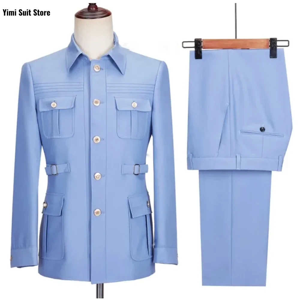 Traje de un solo pecho para hombre, abrigo informal Formal de negocios, pantalones, conjunto de 2 piezas, chaqueta y pantalones con múltiples hebillas de ajuste clásico, color negro, nueva moda