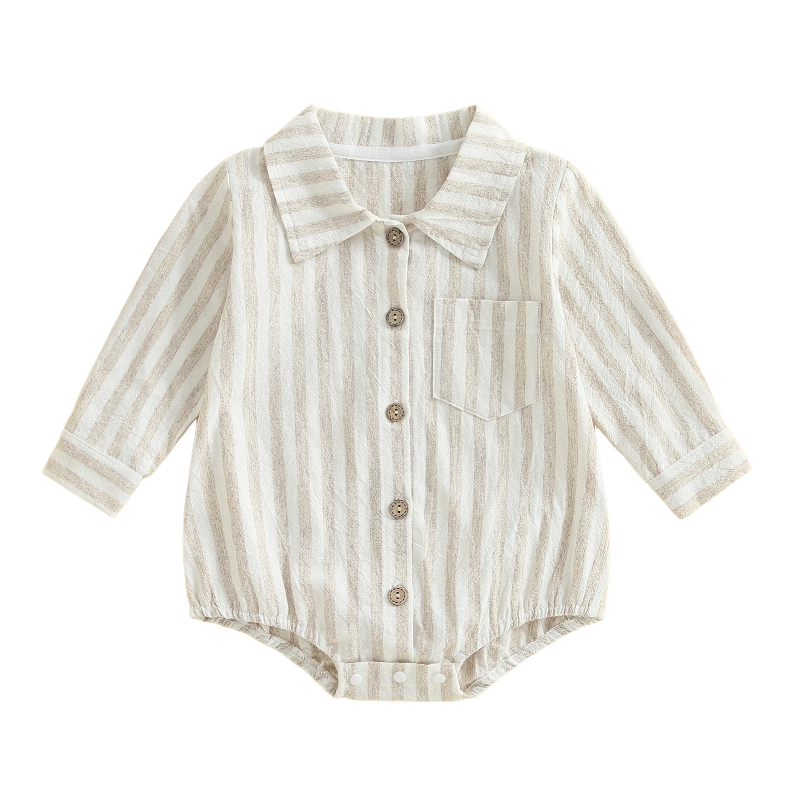 

Baby Boys Autumn Shirt Jumpsuit Long Sleeve Lapel Button Up Striped Romper with Pocket