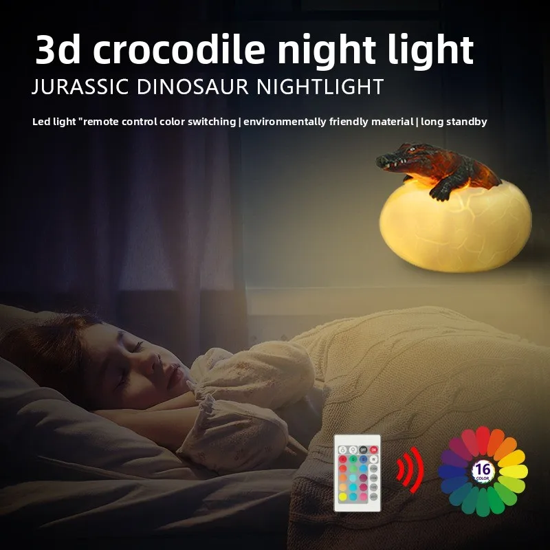 16 Color Switchable Crocodile Egg 3D LED Night Lamp Wireless Remote Control Indoor Bedroom Relaxing Ambient Light