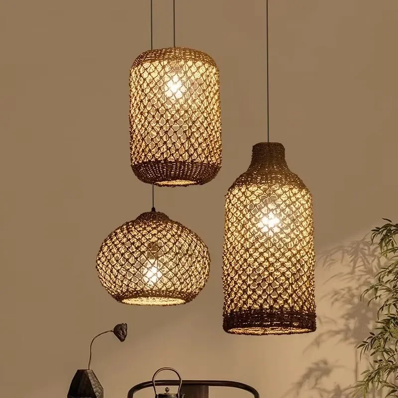 

Japanese-style New Restaurant Creative Woven Chandelier Tea Room Bamboo Rattan Cafe Bedroom Home Decoration Pendant Lights LED