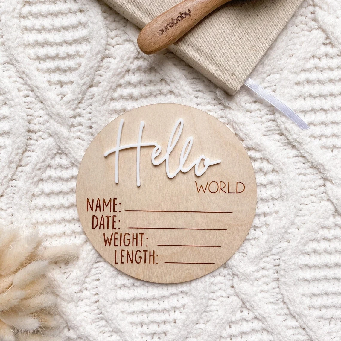 Wooden Hello World Brith Announcement - Baby room Decor - Baby Accessories - Birth Announcement Plaque - Baby Photo props