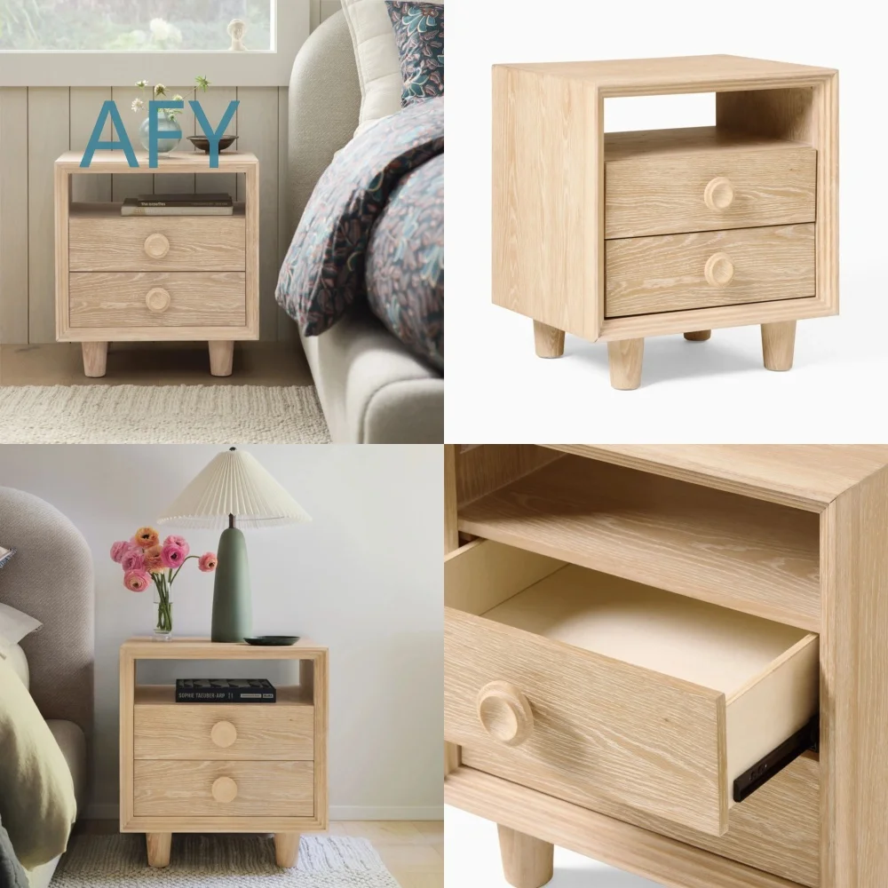 Modern Nordic Nightstand for Bedroom Furniture Round Drawer Pulls Bedside Wooden Storage Table Minimalist Home Decor