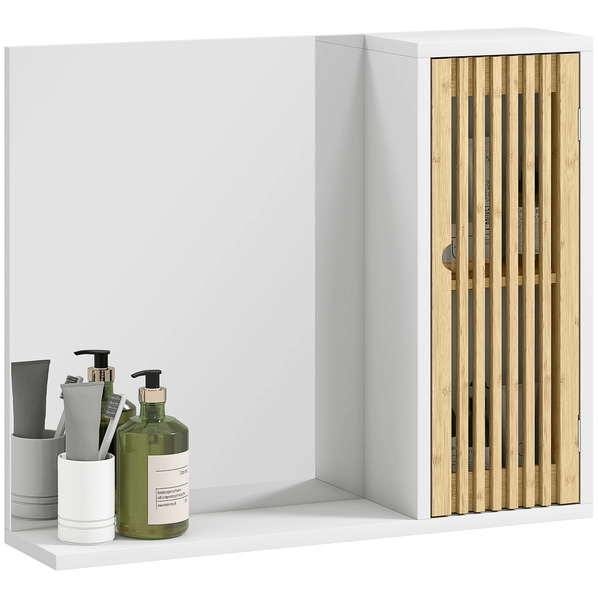 Homcom Badkamerspiegel 60X50 Cm, Wandspiegel met Bamboe Lattendeur, Opbergplanken, Wit en Naturel