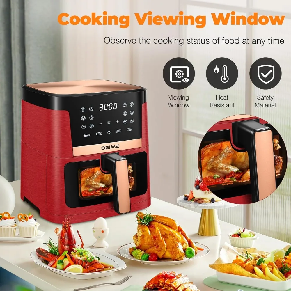 Freidora de aire 7,5 QT 1700W Horno sin aceite Cocina saludable Freidoras de aire de gran capacidad con 12 preestablecidos, ventana de cocción visible (rojo-M)