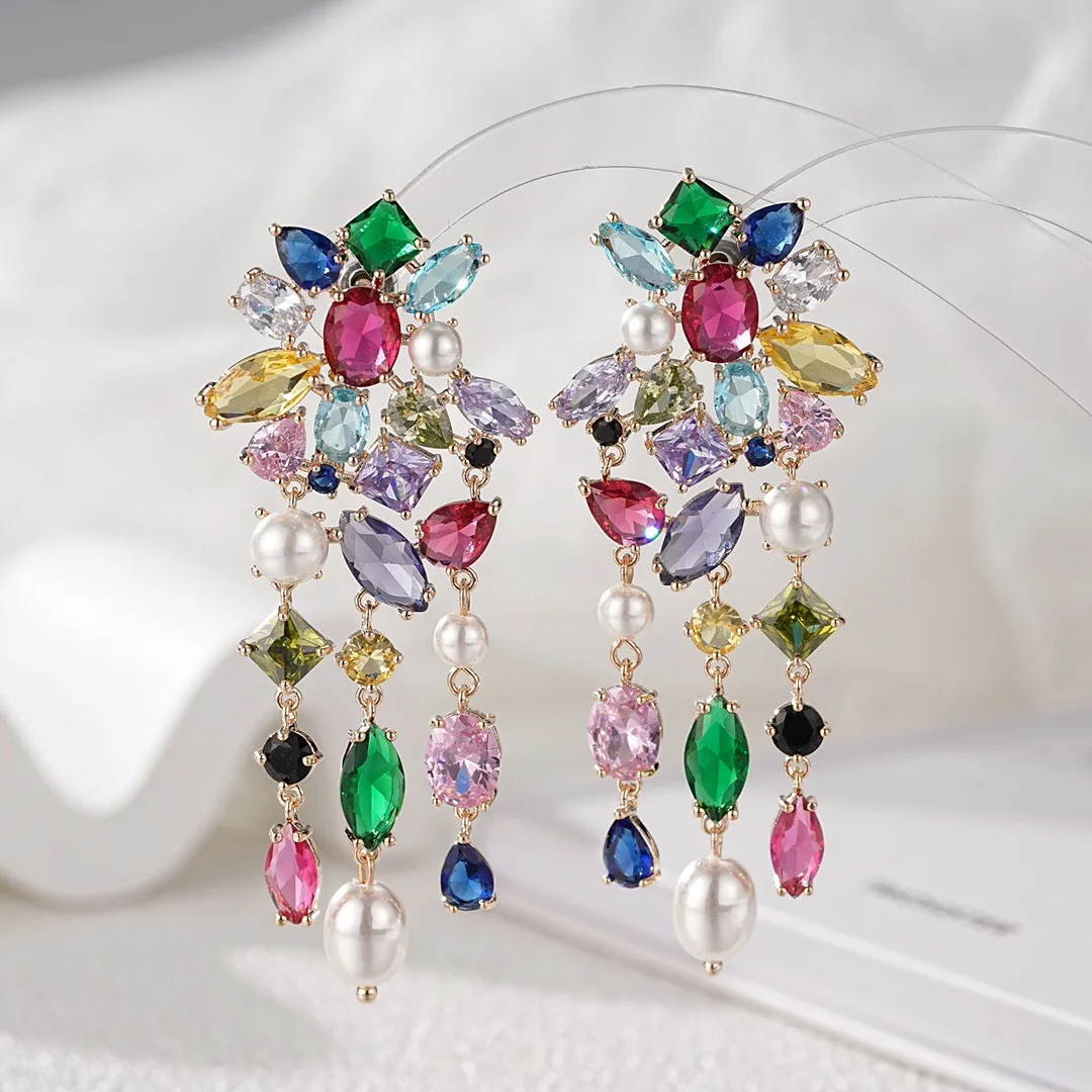 Fashionable fresh colored flower leaves drop-shaped tassels earrings luxury banquet long sparkling accessory jewelry