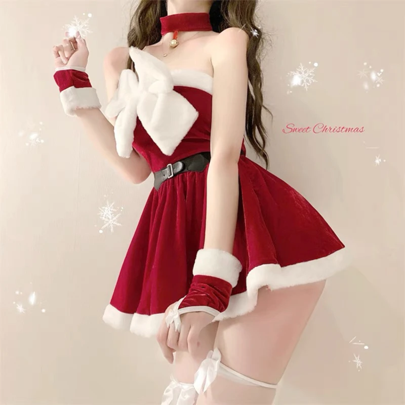 

Christmas Dress Female Sense Christmas Show Costume Red Bowdress Flannel Halloween Santa Cosplay Holiday Party Kawaii Costume
