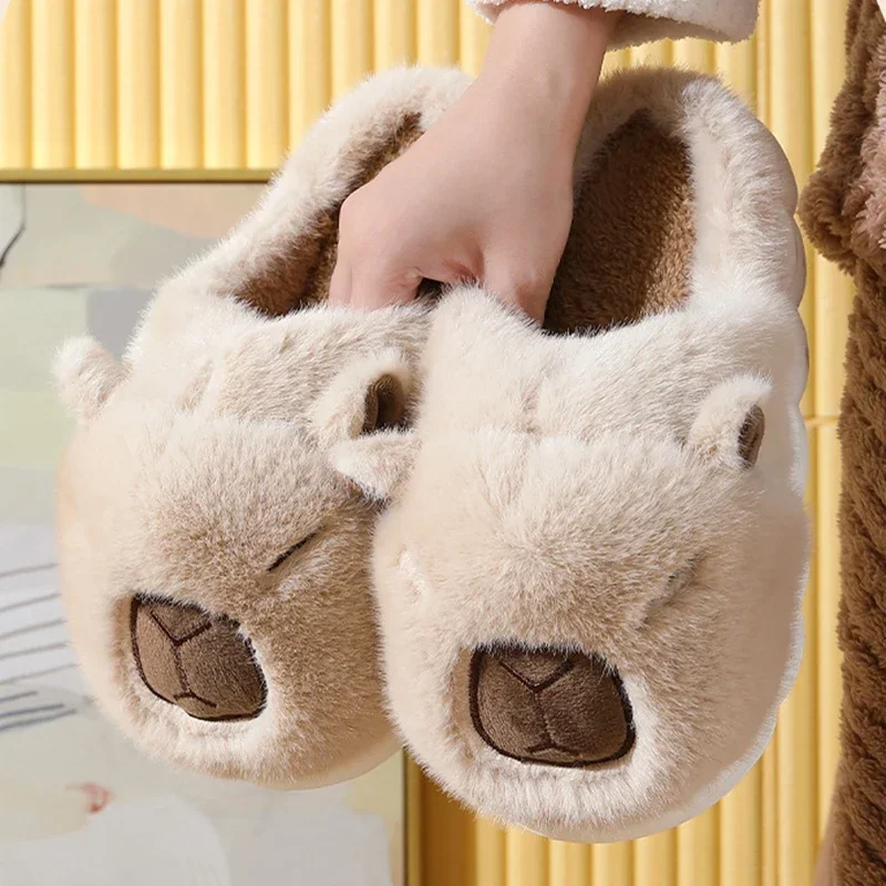 2025 Winter Couple's Soft Fur Capybara Slippers Warm Long Plush Chunky Platform Indoor Shoes Woman Non Slip Home Slippers Flats image 4