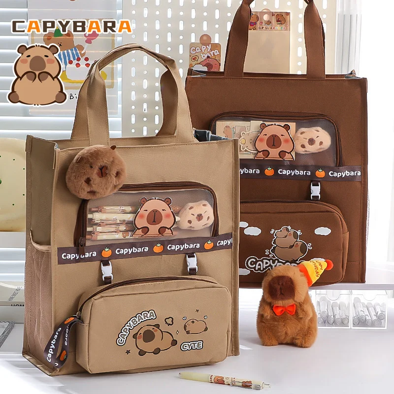 Cute Capybara Canvas Tutorial Bag with Pencil Pouch Multifunctional Student Study Storage File Bag A4 Document Holder for School