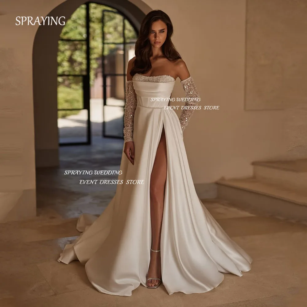 SPRAYING Luxury Sparkly Lace Wedding Dress Srapless Raglan Sleeve Bridal Gown Long Slit Satin Vestidos De Novia Customized 2025