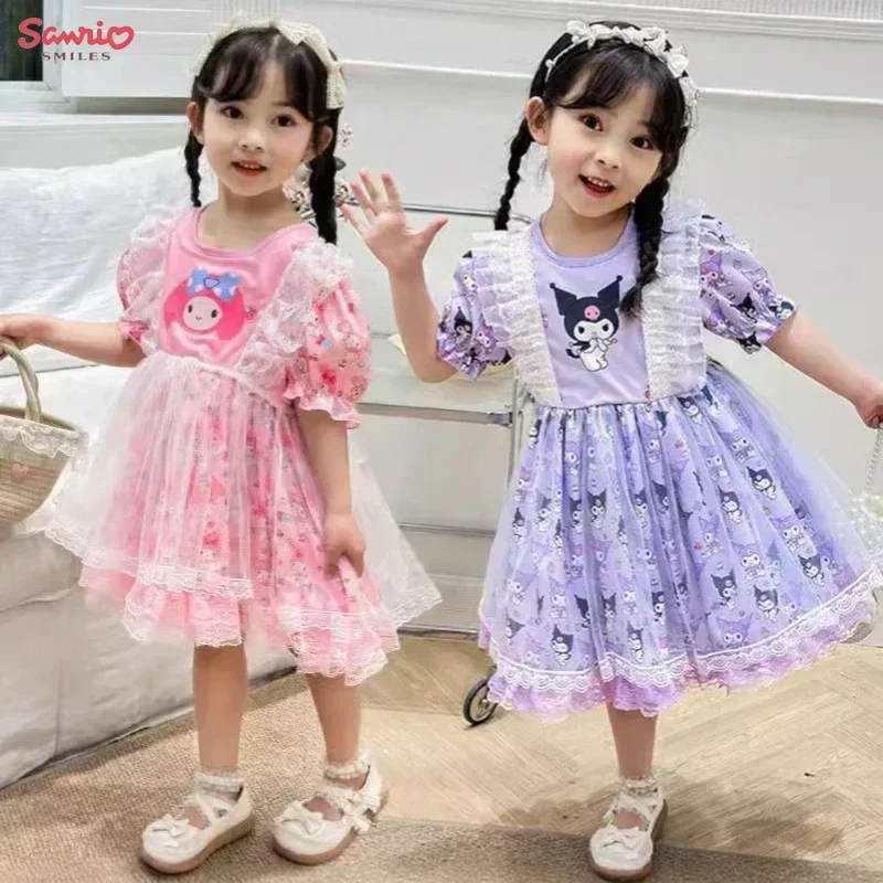 

Sanrio Kuromi My Melody Girl Lolita Princess Dress Suit Summer Fashion Kawaii Children Short Sleeve Dress Baby Skirt Party Gift