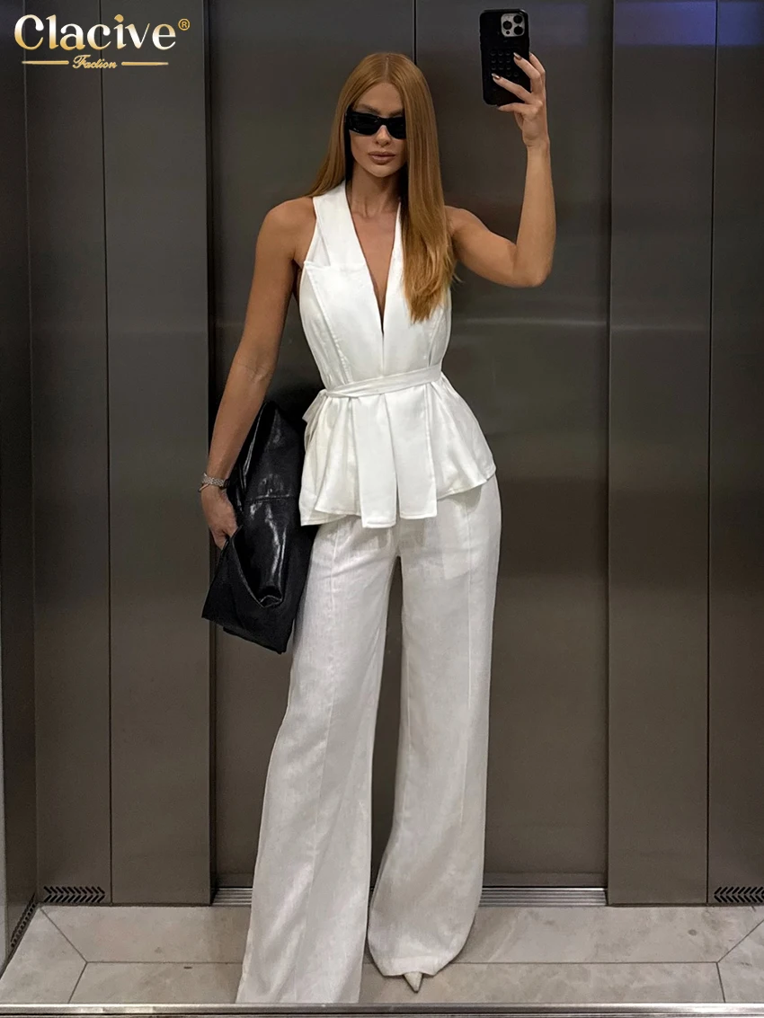 Clacive ฤดูร้อนหลวมสีขาวผู้หญิง 2 ชิ้นชุด 2025 แฟชั่นเสื้อแขนกุดเอวสูงกางเกงกว้างชุดหญิง