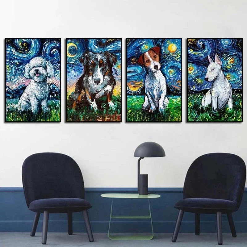 Abstract Art Starry Night Dogs Canvas Oil Painting Van Gogh's Dog Under The Starry Sky Posters Wall Art Pictures  Wall Decor