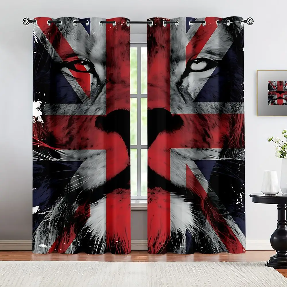 UK Jack Lion Print Curtains 2Pcs Blackout Curtains British Flag Artistic Gritty Textured Drape for Living Room Bedroom Office