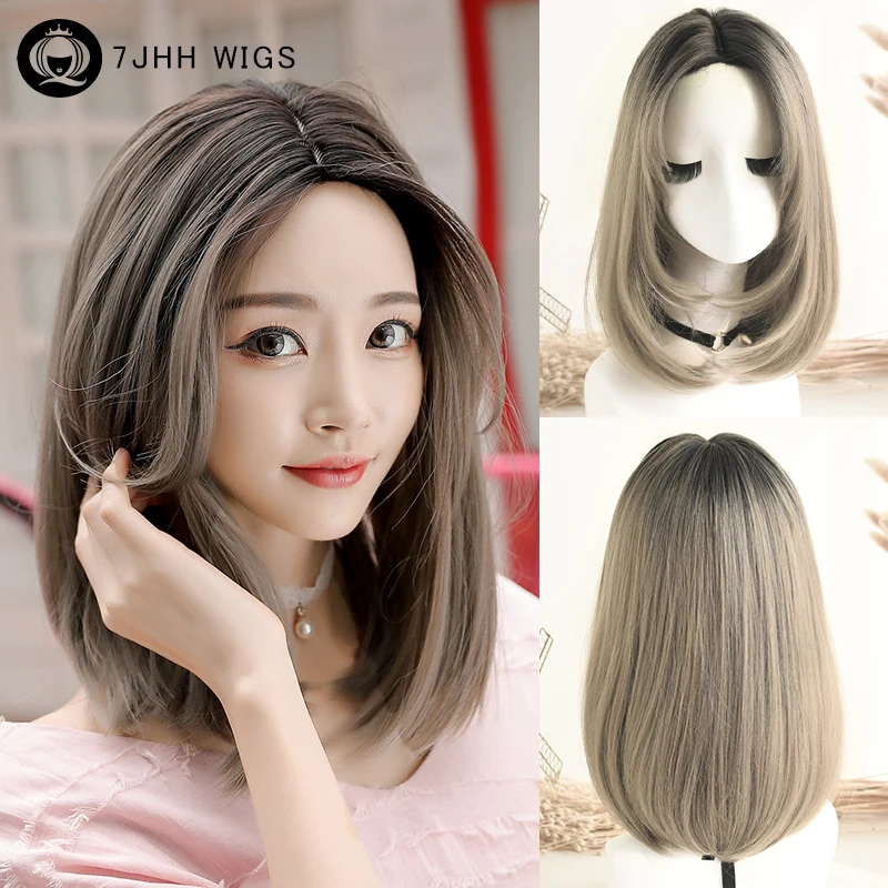 High Density Short Straight Ash Brown Bob Wig for Women Daily Synthetic Layered Middle Part Light Brown Hair Wig with Dark Roots