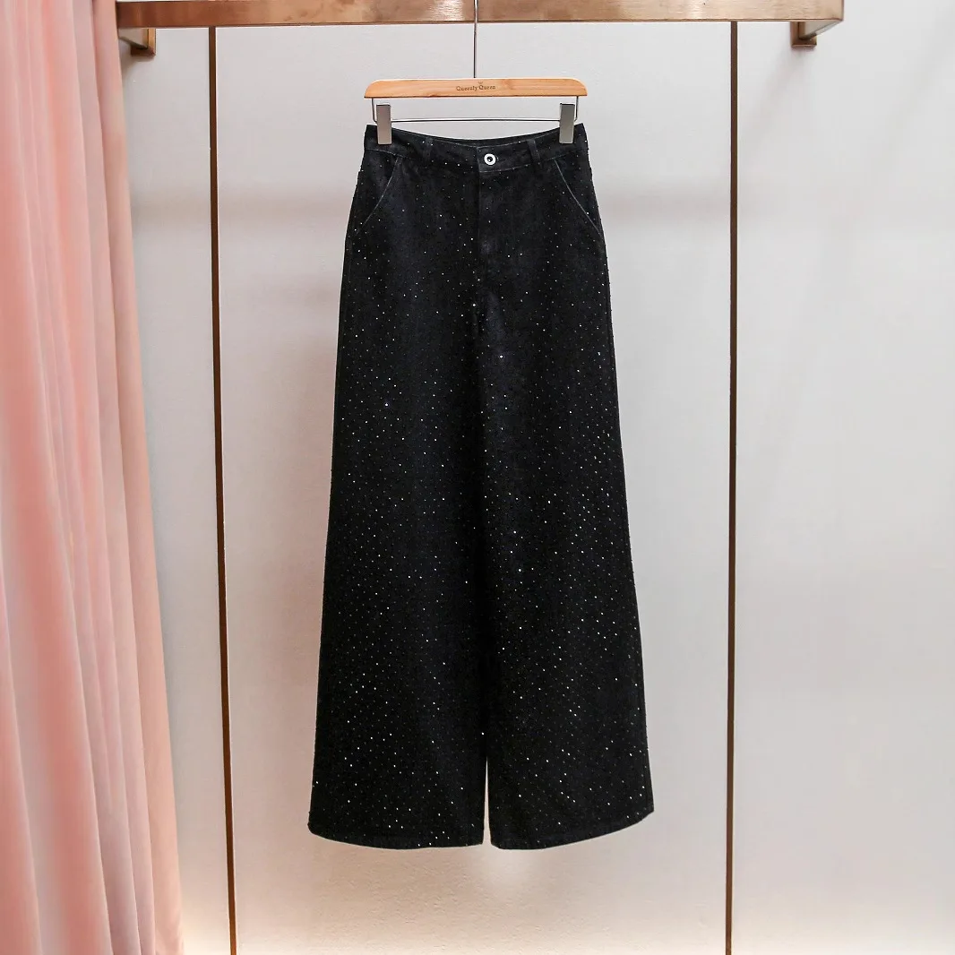 

MaSandeSP Spring New Faion Retro High-End Feeling Heavy Rhinestone Long Wide Leg Pants Ele Commute Sle High Waist