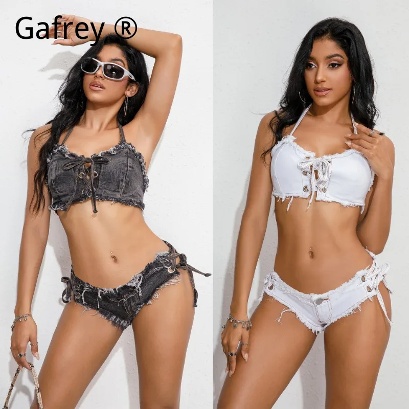 

Женский джинсовый костюм для танцев на пилоне, сексуальный наряд для выступлений в клубе, эластичный джинсовый комплект из двух предметов, костюм для сценических выступлений, новинка для вечеринок и рейвов.