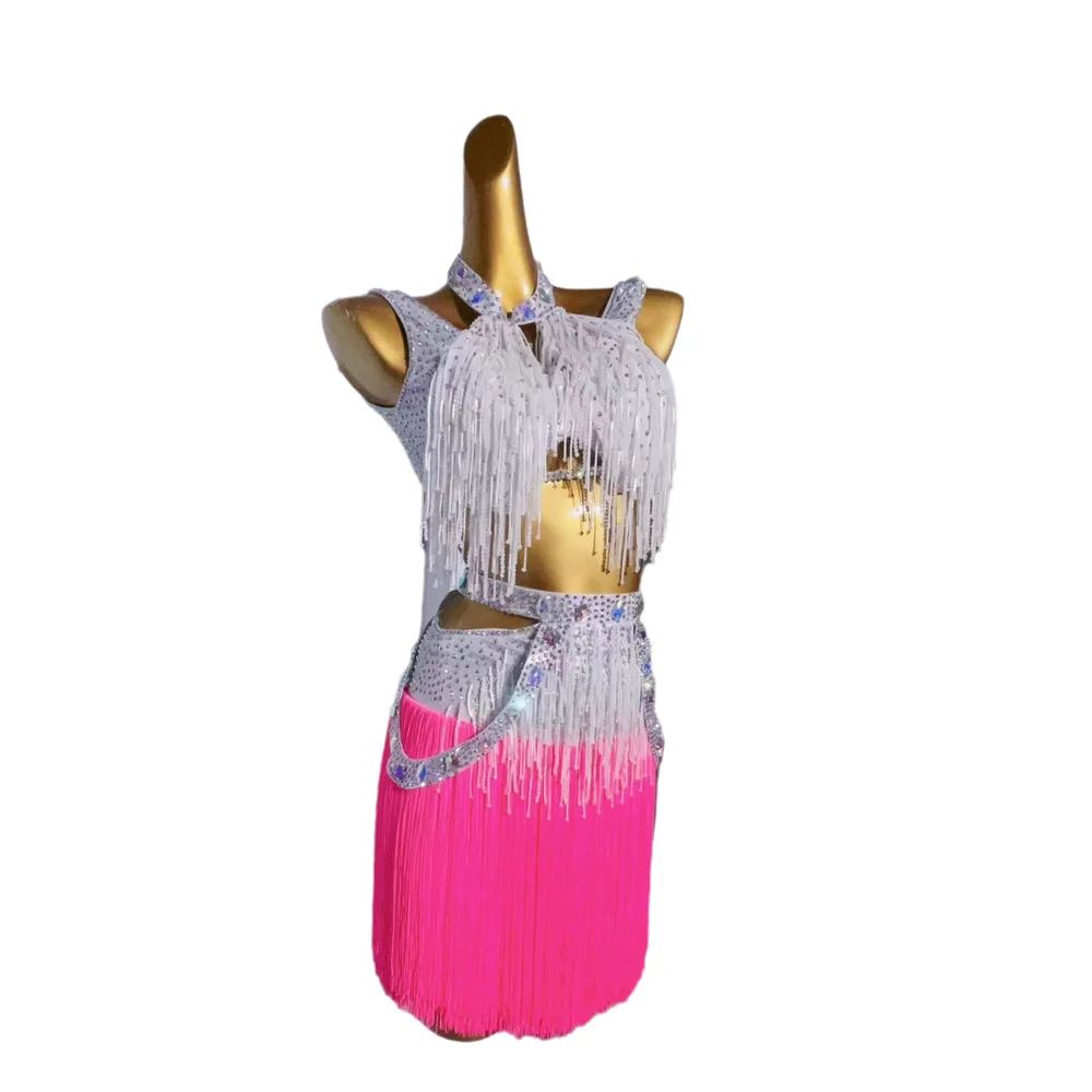 Vestido de dança latina para adultos e crianças, pedra ab, alta qualidade, emenda personalizada, borla, cha tango, roupas profissionais femininas