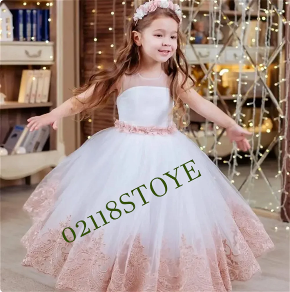 Lace White Tulle Flower Girl Dress For Wedding Party O Neck Backless Sheer Neck First Communion Gown Size 2-16Y