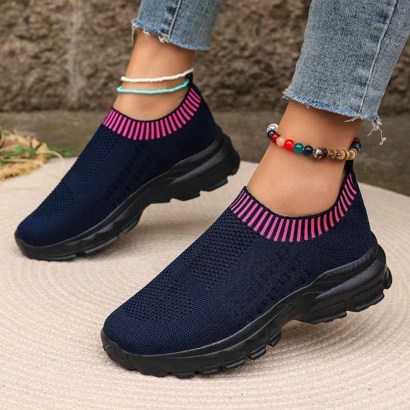 Sapatos rasos de malha respirável femininos, tênis esportivos e fitness, moda casual, caminhada, 2024