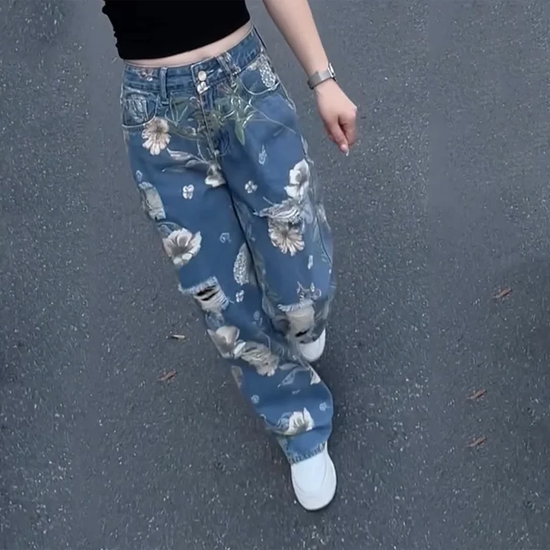 Vintage Floral Jeans Women Y2K Ripped Ins Broken Hollow Pants Loose Wide Leg Flower Cowboy Pants Unisex