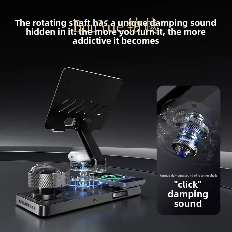 Aluminum Alloy Wireless Charger Stand Rotating Foldable Holder for iPad Mobile Phone Telescopic Cable Desktop Docking Station
