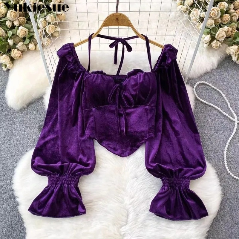 womens blouses Women Blouse Velour Slash Neck Square Collar Folds Long Flare Sleeve Shirts Chic Versatile Female Tops