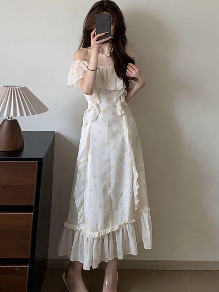 

Women Korean Fashion Elegant Casual Holiday Dress Summer White Chiffon Floral Ruffled Dress 2025 New Chest Wrapping Sexy Dresses