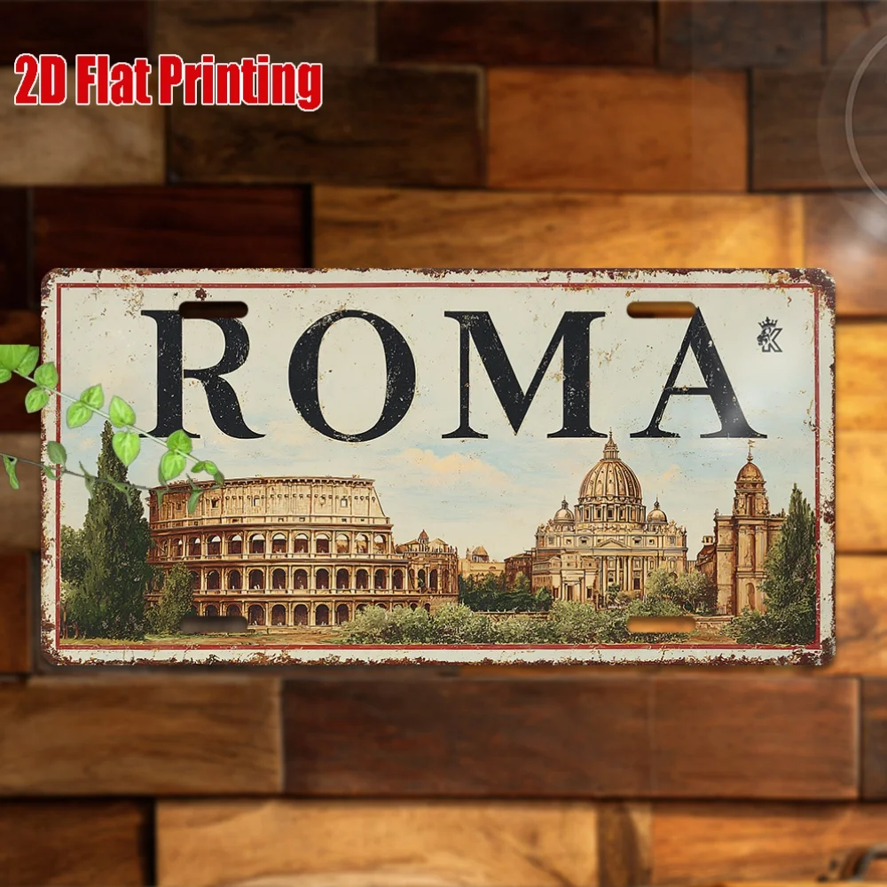 Roma Rome Landmarks Vintage License Plate AL Sign - Vintage Durable Metal Plaque Wall Decor, Home Office Bar Man Cave Wall Art