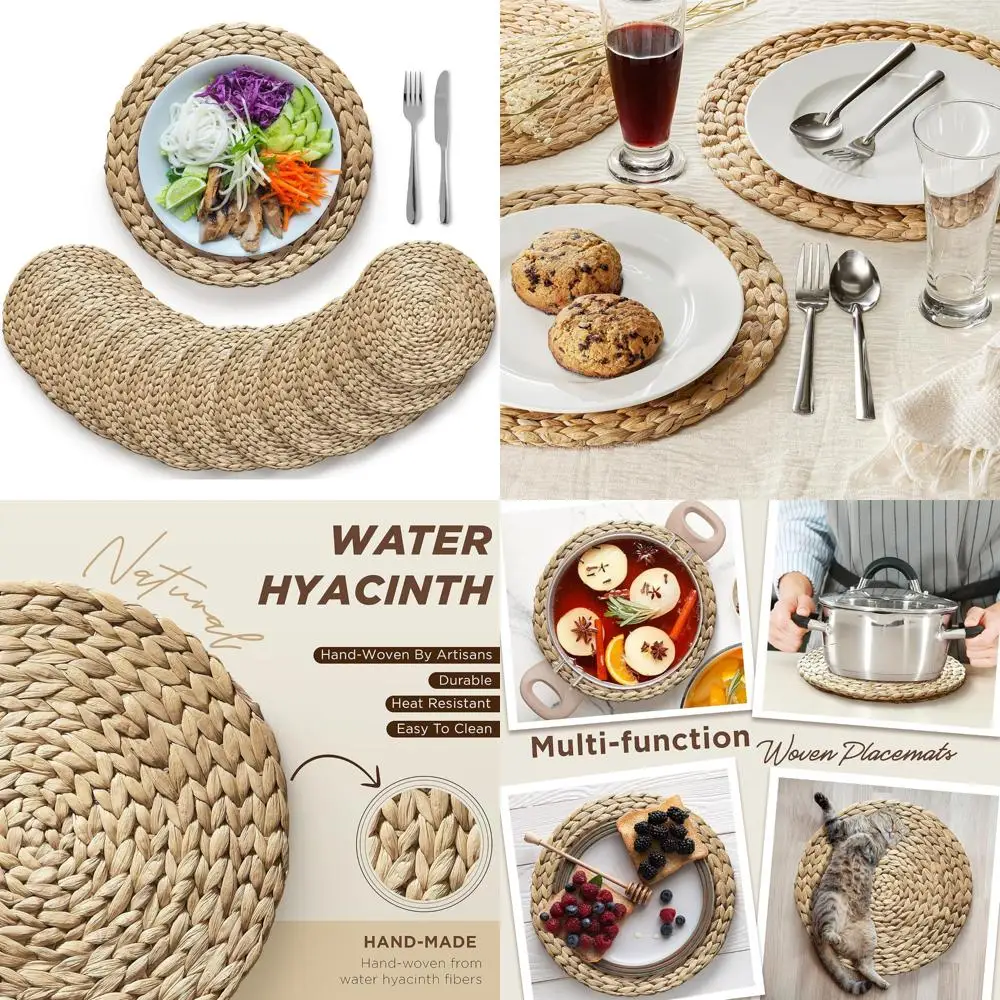 

(Sizes:12"-13''-14''-15'') Woven Placemats (Set of 10), Round Rattan Placemats, Braided Water Hyacinth Wicker Mats, Heat Resist